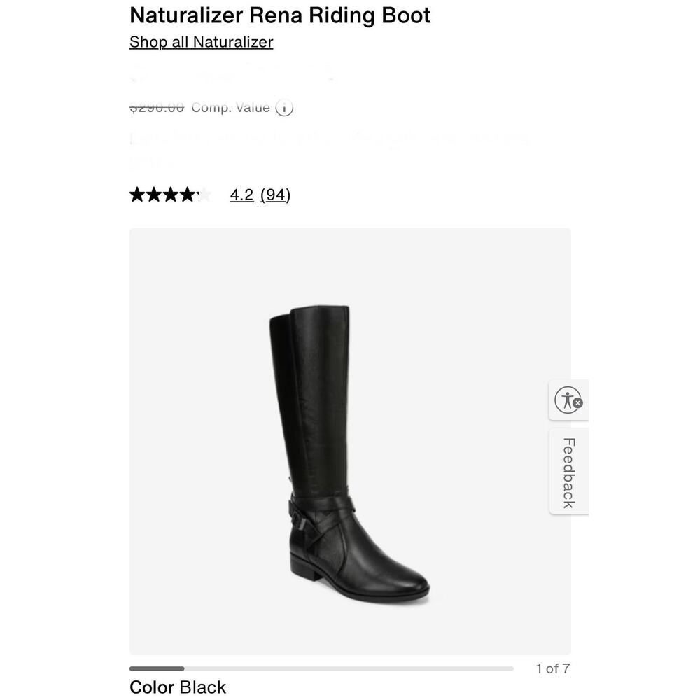 Naturalizer Rena2 Boots Womens Size 10M Black Leather Knee High Riding Zip